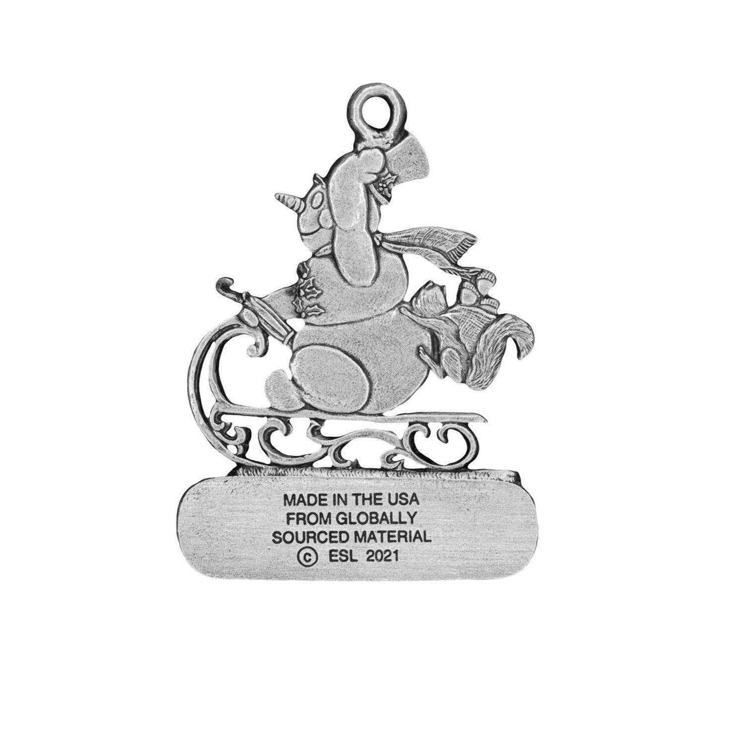 Snowman on Sled with Squirrel - Ornament - Engravable