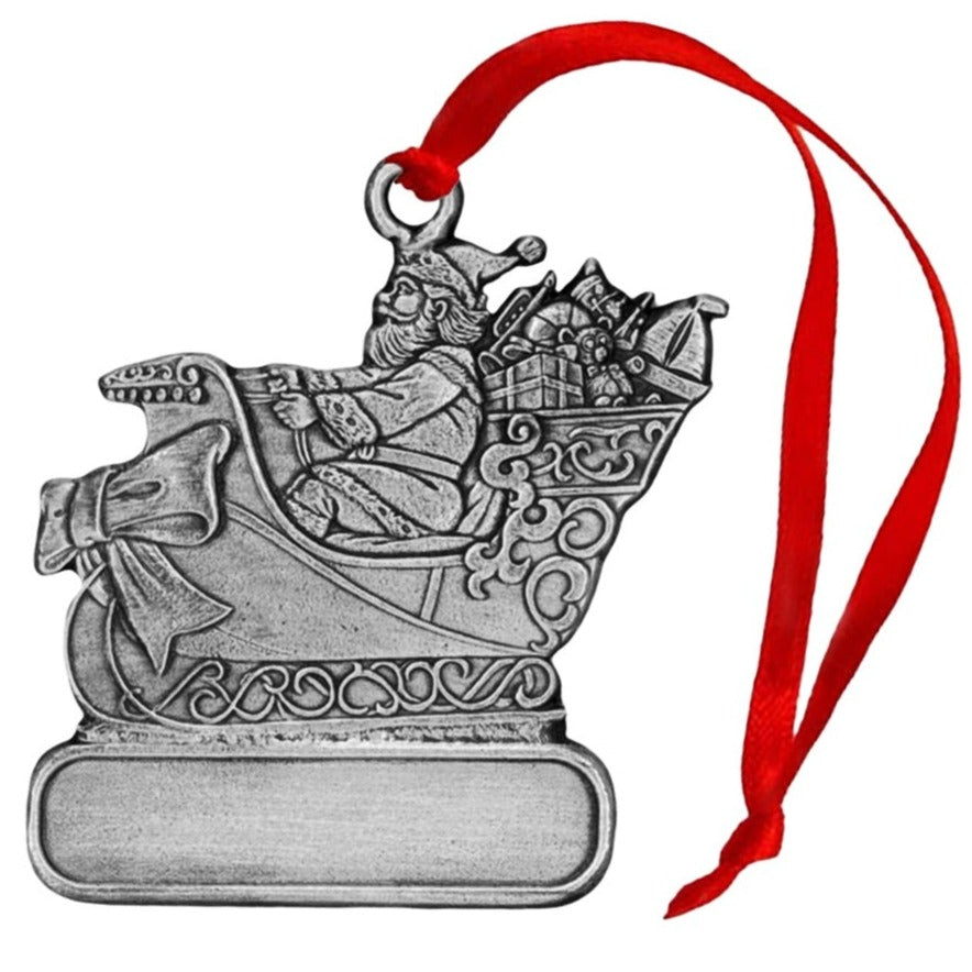 Santa in Sleigh with Bow - Ornament - Engravable