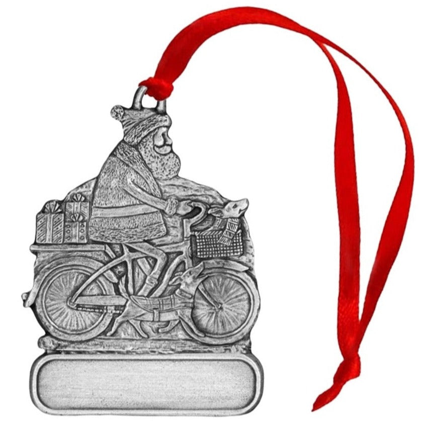 Santa Riding Bicycle - Ornament - Engravable