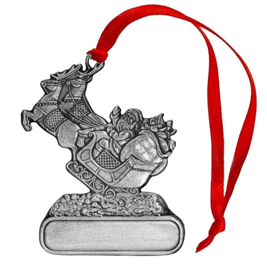 Reindeer pulling Santa in Sleigh - Ornament - Engravable